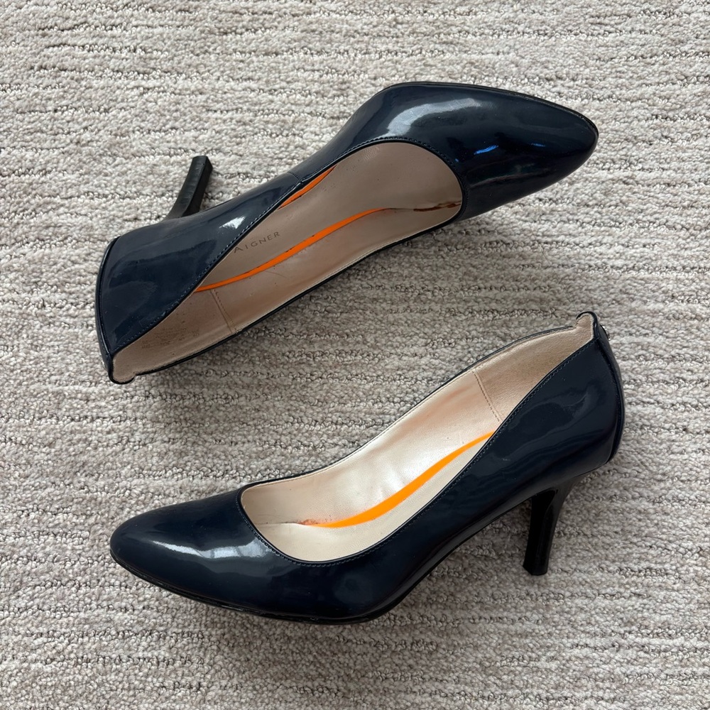 Entienne Agner Terra Navy Blue Patent Leather Pumps Stiletto Heels 8